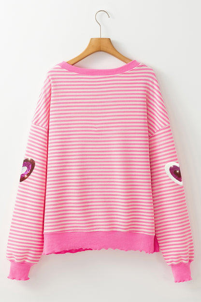 Pink Stripe Sequin Heart Patched Pattern Long Sleeve Valentines Top