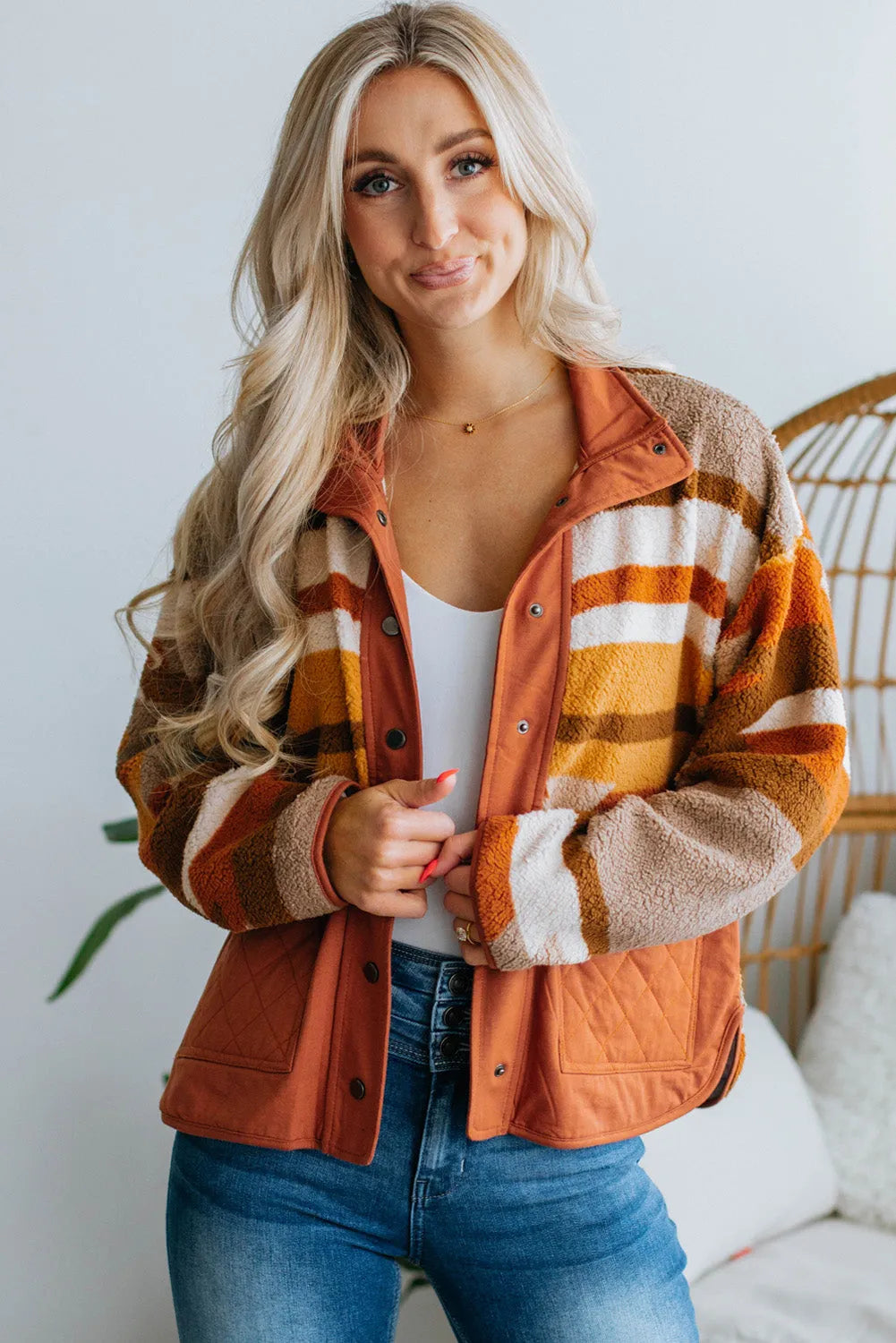 Brown Quilted Patch Pockets Aztec Furry Jacket - Chic Meadow Boutique 