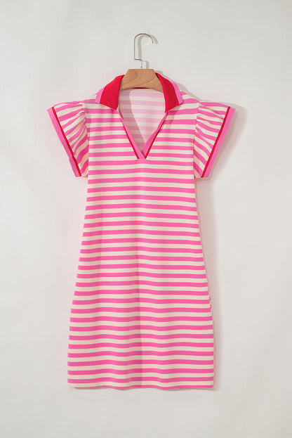 Sachet Pink Stripe Print Contrast Collar Split Neck Flutter Sleeve Short Dress