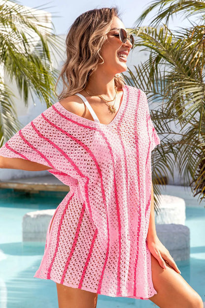 Pink Striped Crochet Loose Fit V Neck Beach Cover Up - Chic Meadow Boutique 