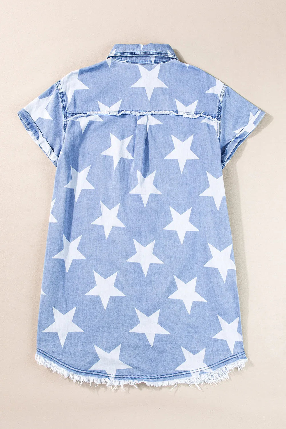 Sky Blue Stars Frayed Hem Collared Short Sleeve Denim Dress - Chic Meadow Boutique 