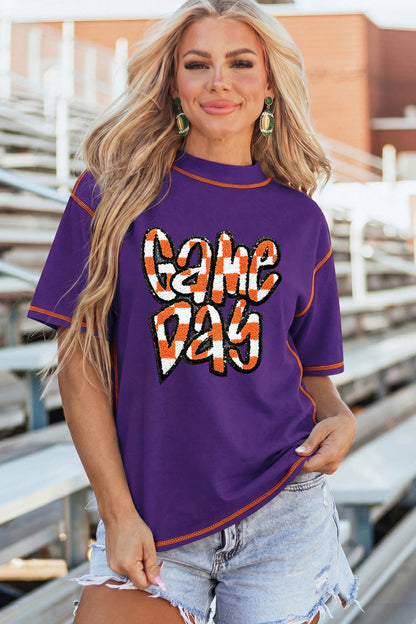 Tillandsia Purple Contrast Seam Detail Checkered Game Day Chenille Graphic Tee