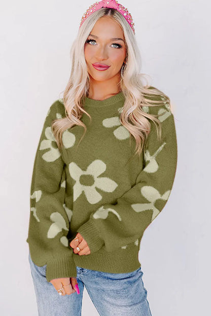 Spinach Green Big Flower Knit Ribbed Trim Sweater - Chic Meadow Boutique 