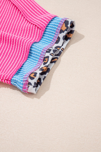Bonbon Leopard Patchwork Corded Knit Crew Neck T Shirt