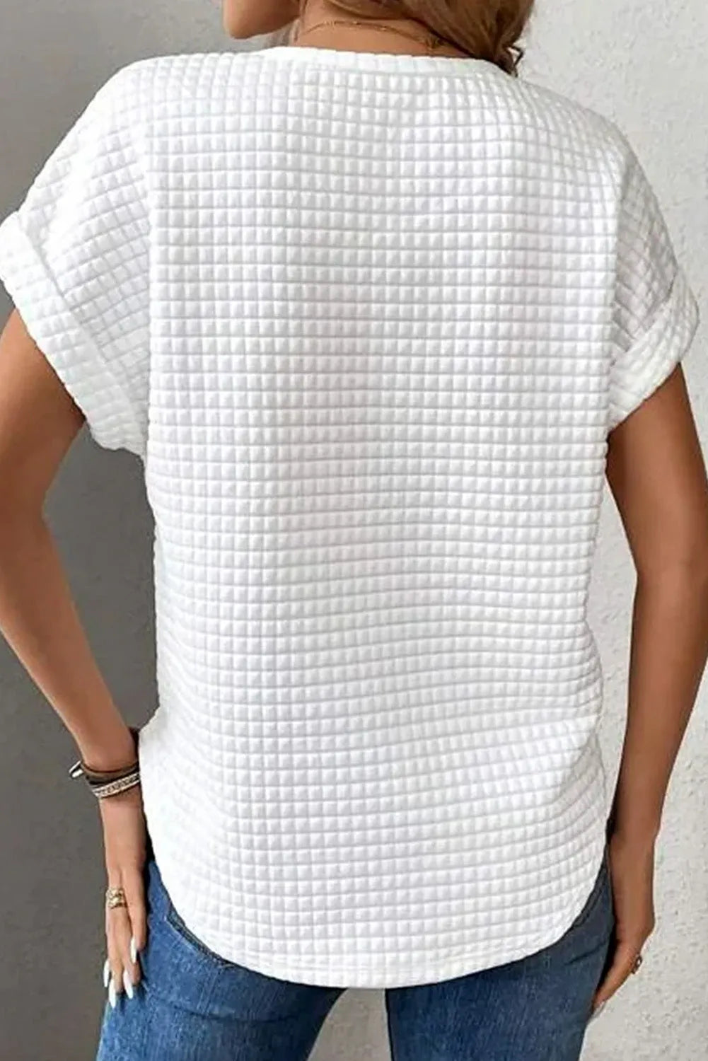 White Checkered Textured Bat Sleeve T Shirt - Chic Meadow Boutique 