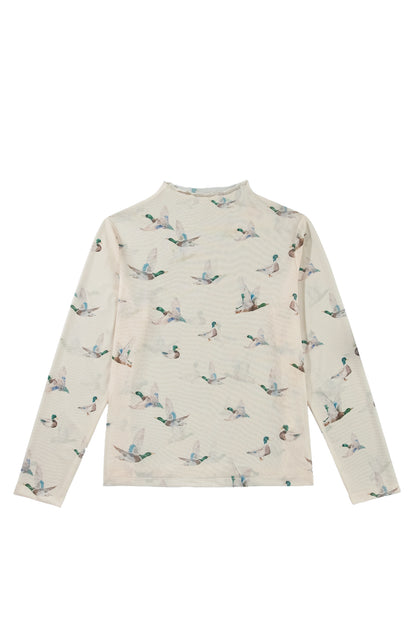 Beige Mesh Duck Print Tunic Long Sleeve Plus Size Blouse