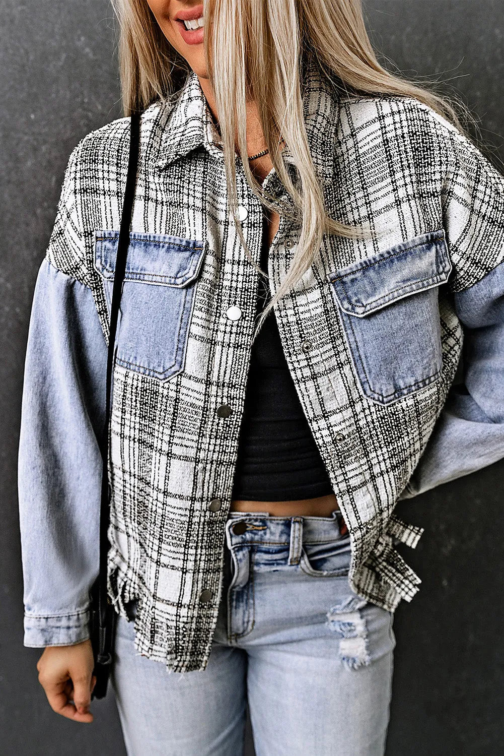 Sky Blue Plaid Patchwork Fringed Flap Pockets Denim Jacket - Chic Meadow Boutique 