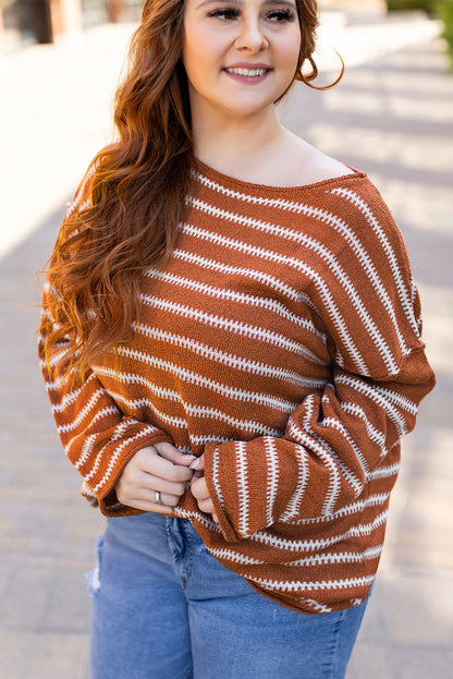 Brown Stripe Drop Shoulder Casual Sweater