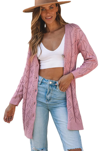 Pink Hollow-out Openwork Knit Cardigan - Chic Meadow Boutique 