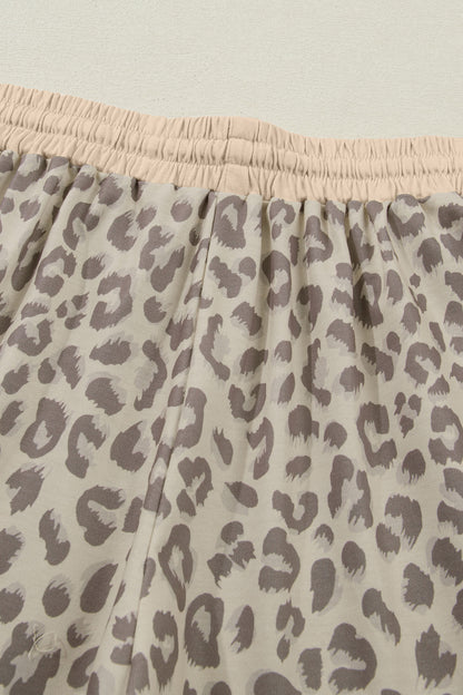 Khaki V Neck Collar Leopard Printed 2pcs Short Set