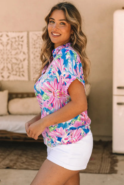 Pink Abstract Floral Print Notch V Neck Rolled Short Sleeve Blouse - Chic Meadow Boutique 