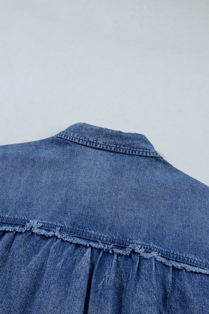 Dusk Blue Three Quarter Sleeve Button Front Loose Denim Shirt