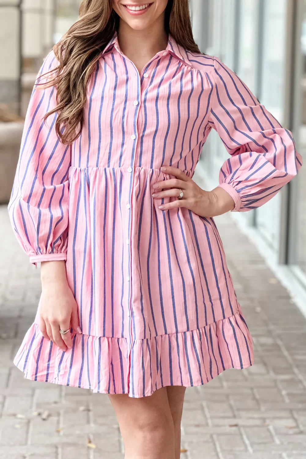 Pink Stripe Ruffled Hem Button-up Collared Shirt Mini Dress - Chic Meadow Boutique 