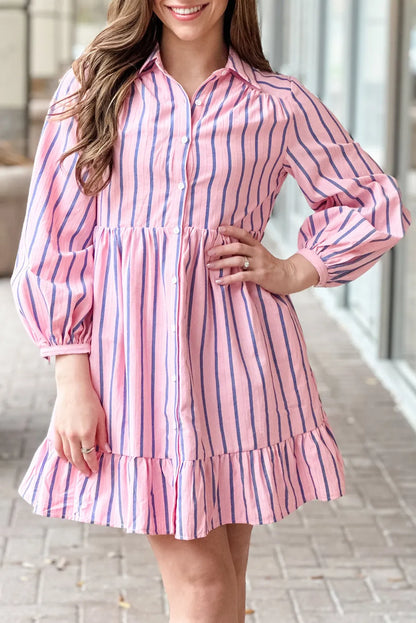 Pink Stripe Ruffled Hem Button-up Collared Shirt Mini Dress - Chic Meadow Boutique 