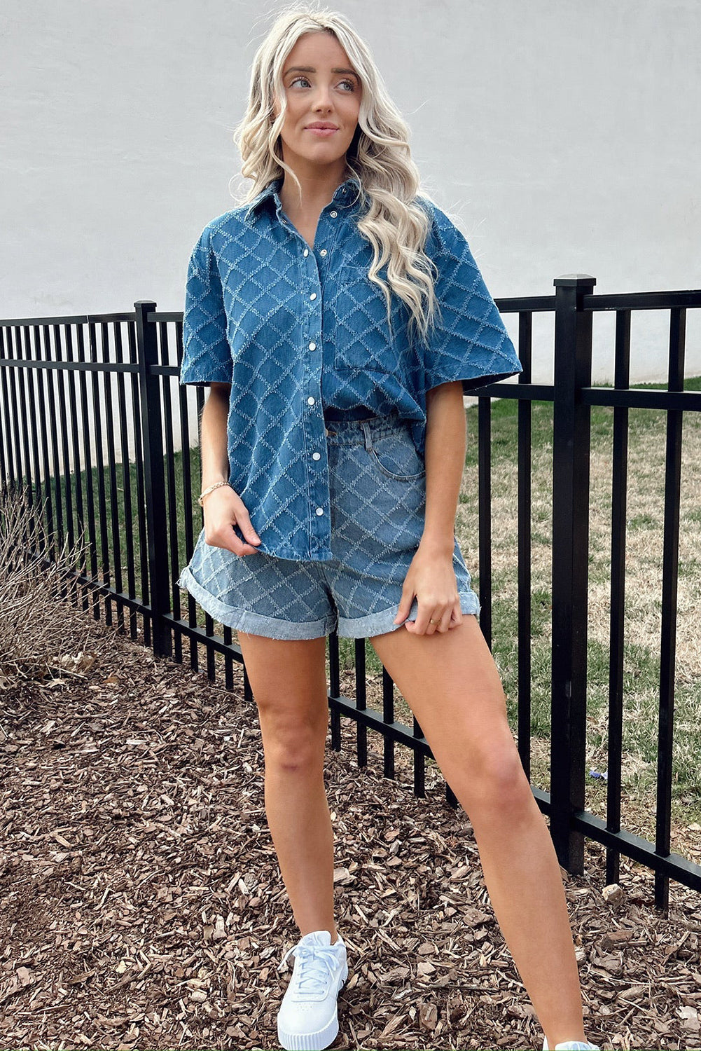 Dusk Blue Checkered Textured Short Sleeve Patched Pocket Denim Shirt