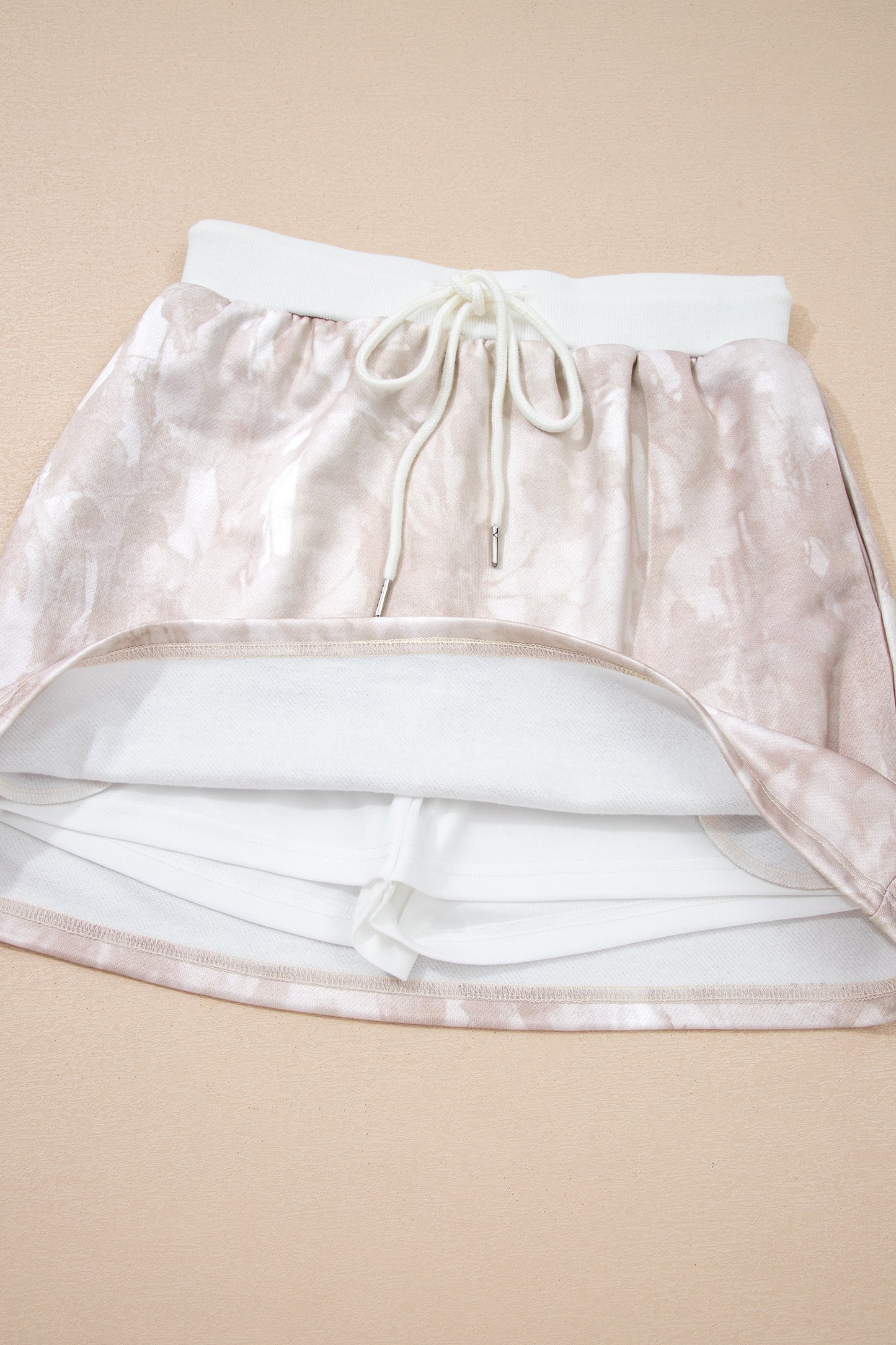 White Abstract Woodland Print Balloon Sleeve Pullover Drawstring Mini Skirt Set