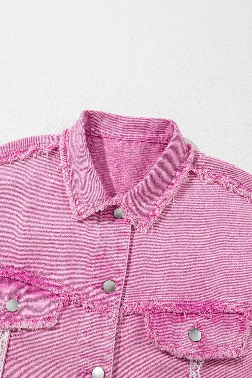 Outerwear/Denim jackets Pink Lace Patchwork Distressed Buttoned Denim Jacket