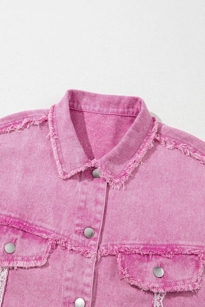 Outerwear/Denim jackets Pink Lace Patchwork Distressed Buttoned Denim Jacket