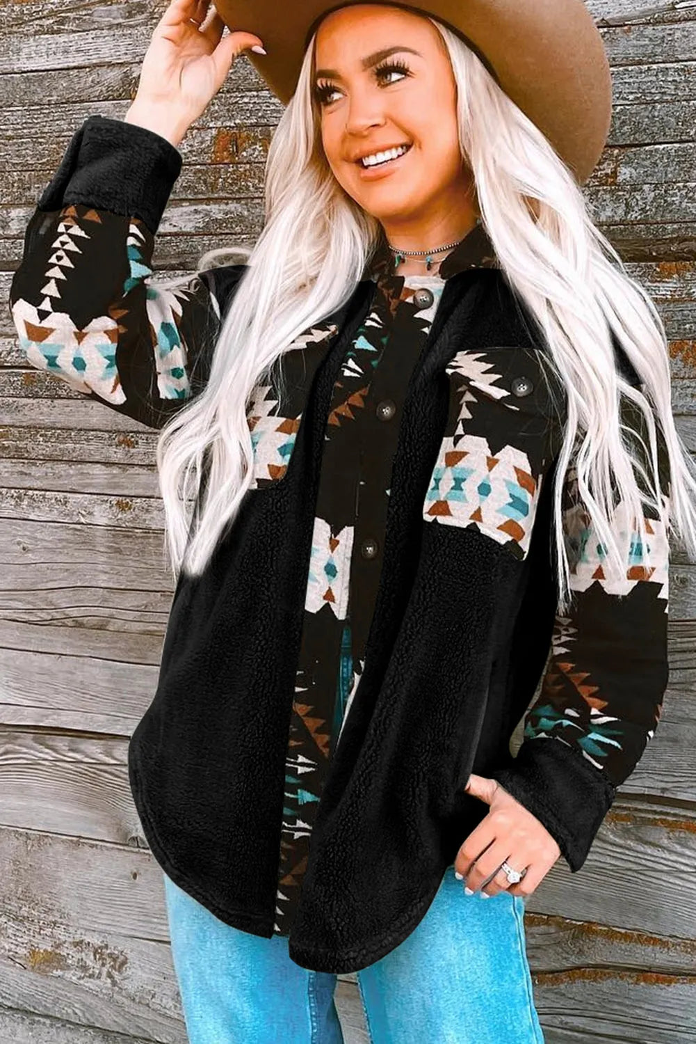 Black Western Aztec Print Accent Fleece Shacket - Chic Meadow Boutique 