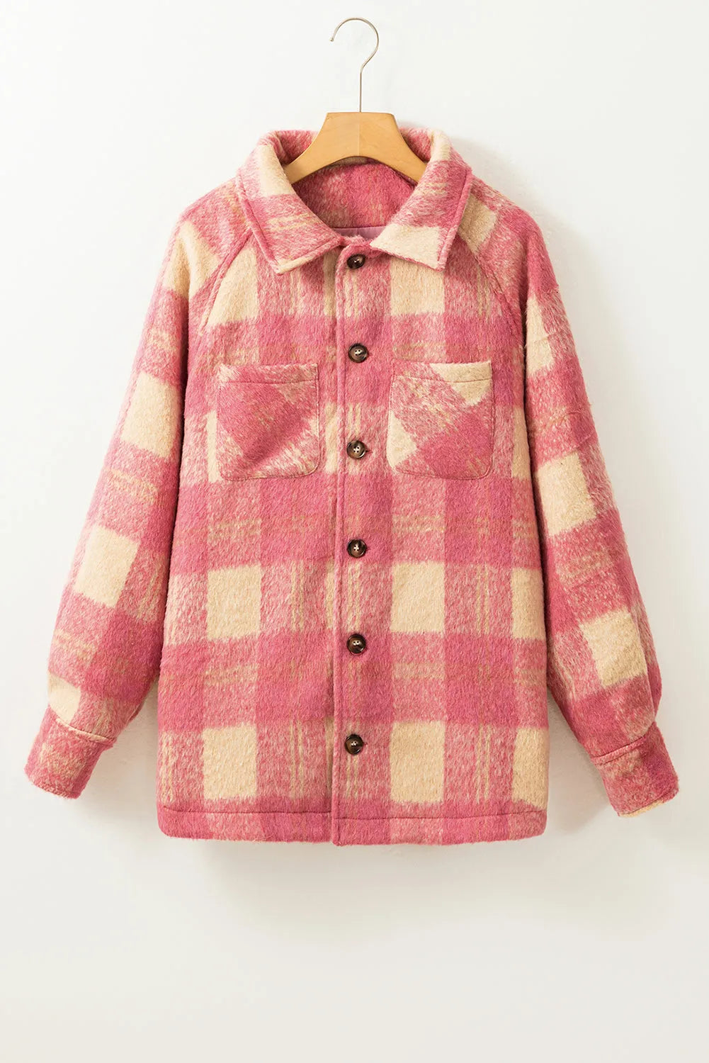 Peach Blossom Plaid Print Buttoned Collared Chest Pockets Shacket - Chic Meadow Boutique 