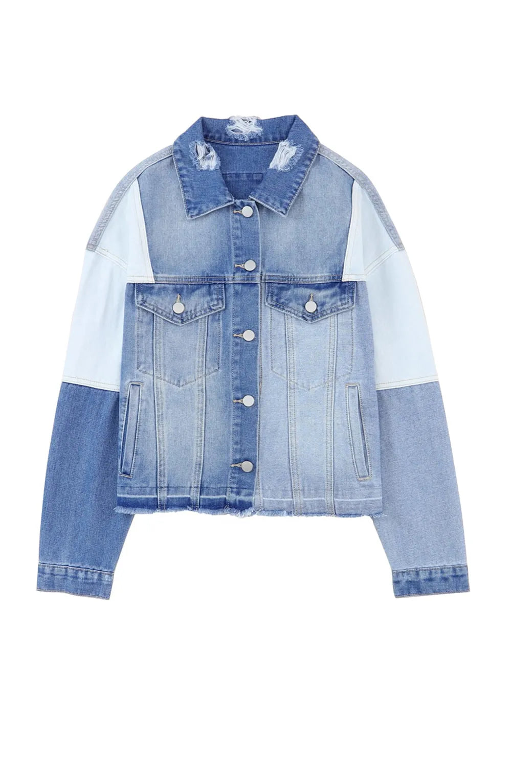 Sky Blue Color Block Denim Patchwork Frayed Hem Jacket - Chic Meadow Boutique 