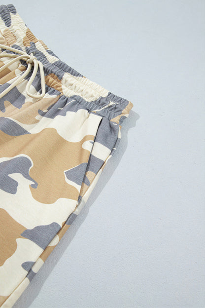Multicolour Camouflage Print Long Sleeve Top Drawstring Shorts Set