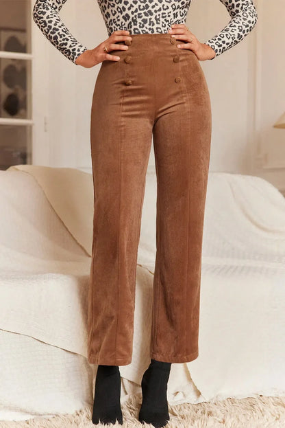 Chestnut Solid Color Double Breasted Straight Leg Pants - Chic Meadow Boutique 