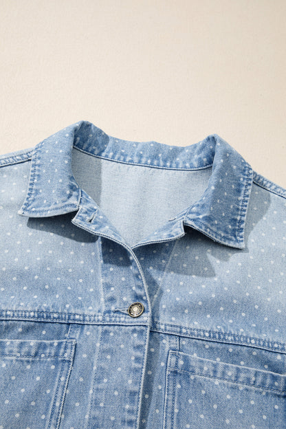 Sky Blue Polka Dot Long Sleeve Collar Pocket Casual Shift Silhouette Denim Jacket