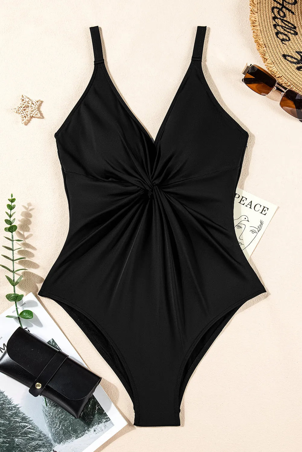 Black V Neck Twist Ruched Crisscross Backless One-Piece Swimsuit - Chic Meadow Boutique 