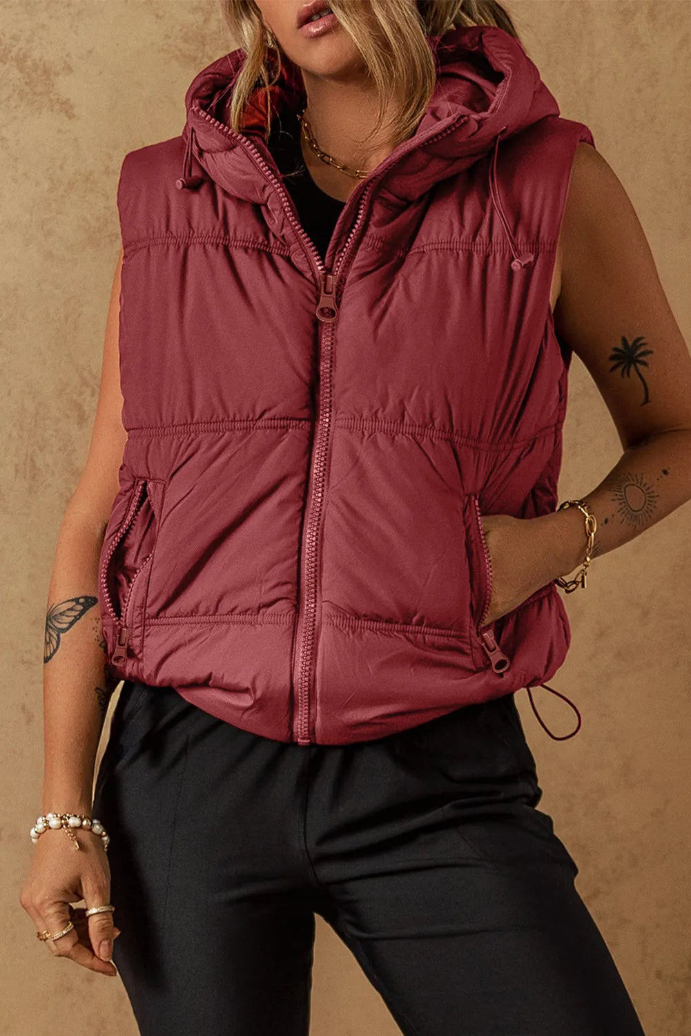 Clay Zip-up Side Pockets Hooded Puffer Vest - Chic Meadow Boutique 