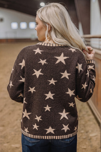 Brown Stars Pattern Colorblock Long Sleeve Shift Cardigan