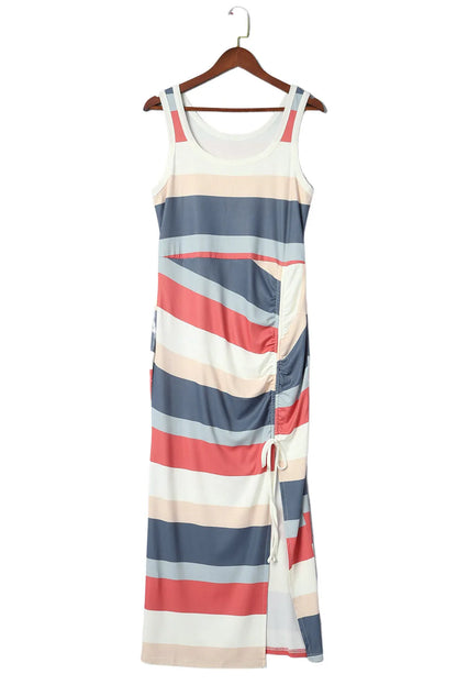 Multicolor Striped Color Block Ribbed Knit Lace-up Slit Tank Dress - Chic Meadow Boutique 