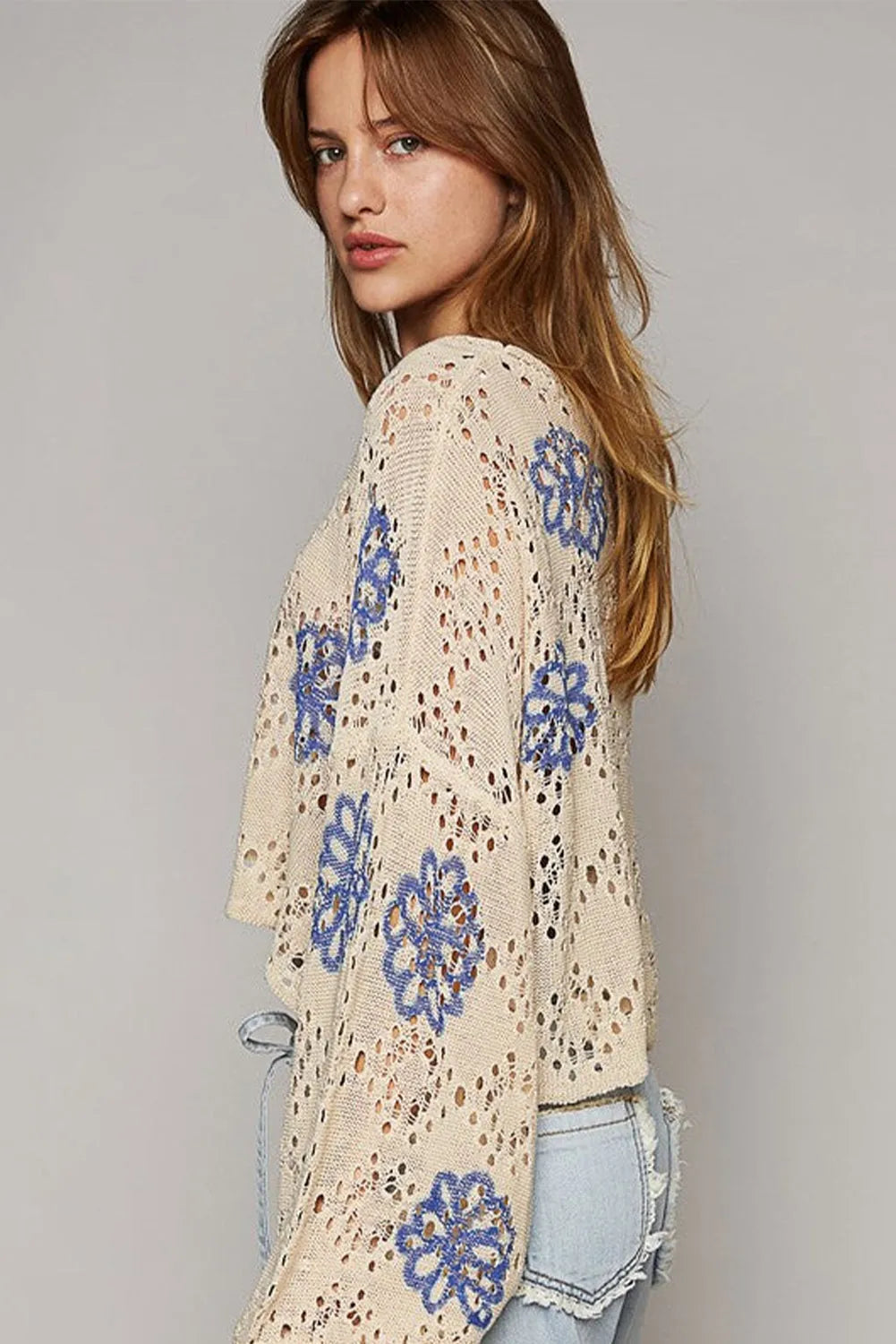 Beige Contrast Flower Print Eyelet Drop Shoulder Sweater - Chic Meadow Boutique 