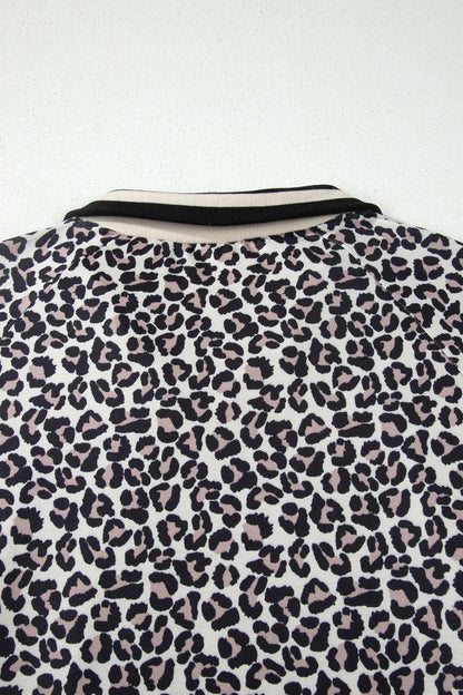 Brown Plus Size Leopard Print Striped Webbing Patchwork Half Zip Blouse