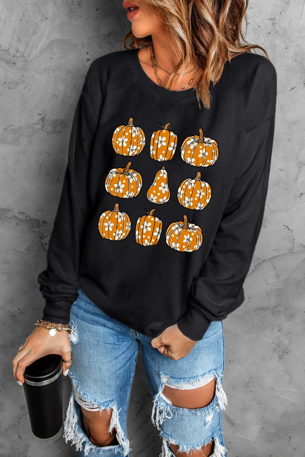 Black Floral Pumpkin Graphic Round Neck Halloween Sweatshirt - Chic Meadow Boutique 