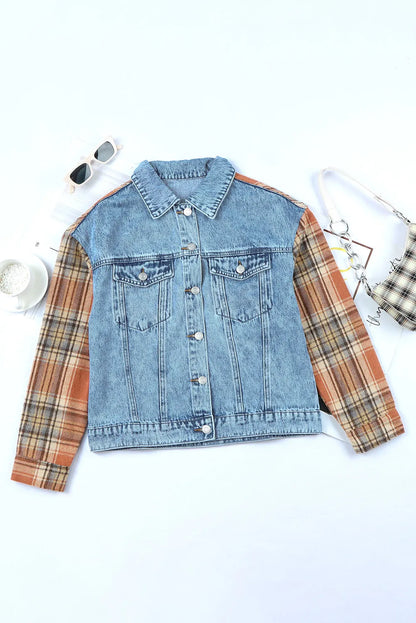 Sky Blue Medium Wash Plaid Sleeves Denim Jacket - Chic Meadow Boutique 