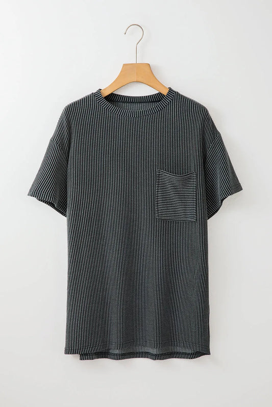 Carbon Grey Corded Knit Pocketed Loose Fit T Shirt - Chic Meadow Boutique 