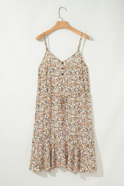 Khaki Boho Floral Printed Tie Waist Flared Sundress