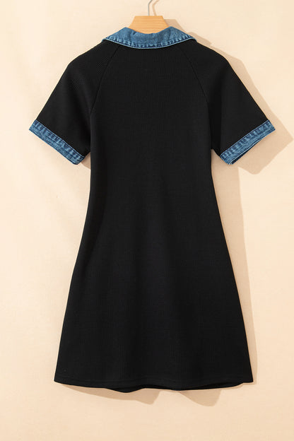 Black Waffle Knit Denim Contrast Trim Patchwork Button Polo Tee Dress
