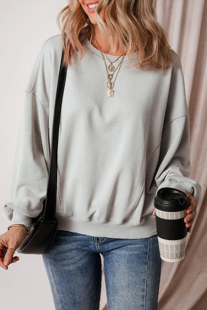 Gray Exposed Seam Batwing Sleeve Drop Shoulder Sweatshirt - Chic Meadow Boutique 