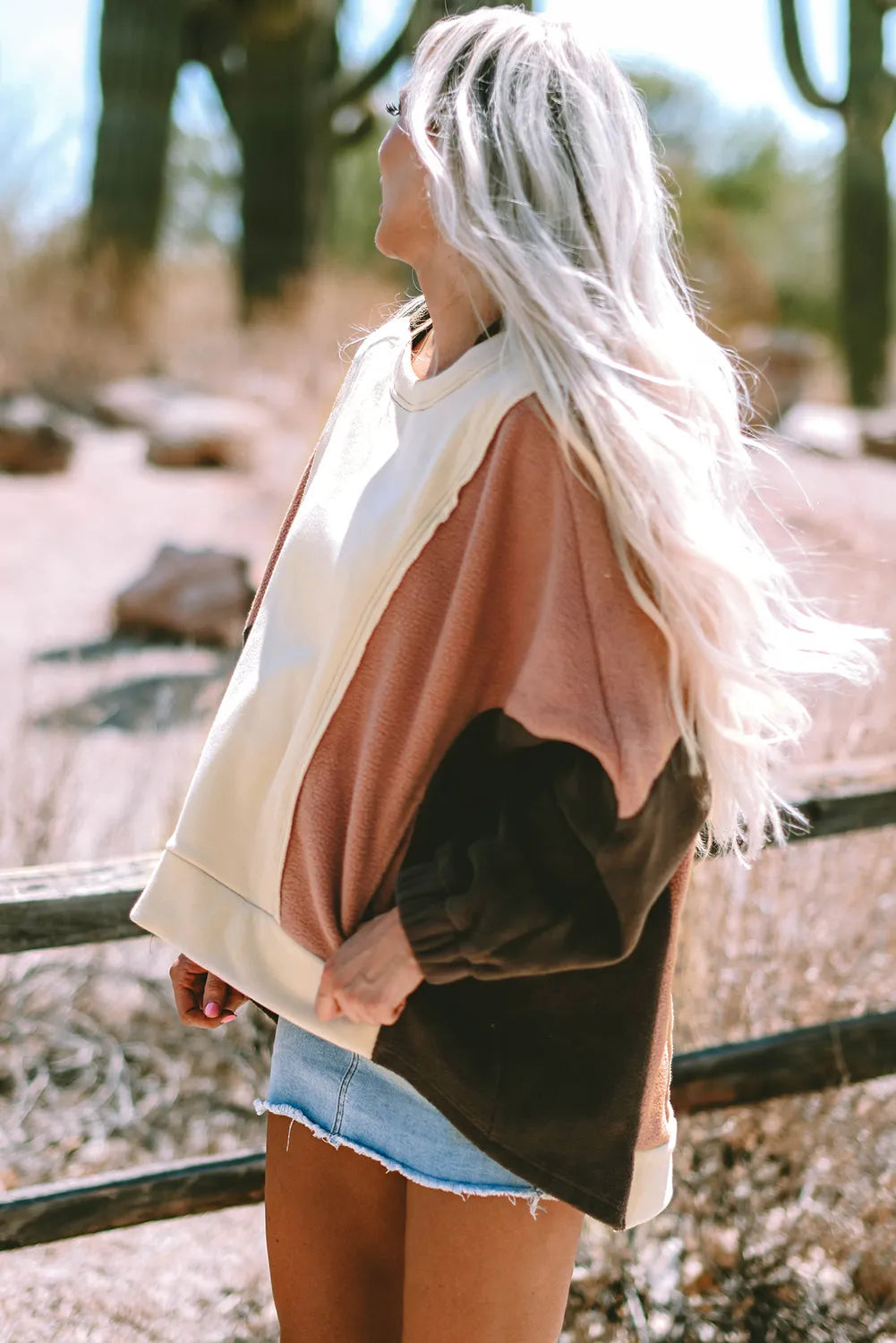 Beige Oversized Color Block Patchwork High Low Hoodie - Chic Meadow Boutique 