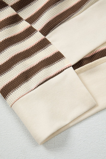Khaki Stripe Stitched Detail Color Block Patchwork Oversized Pullover Top