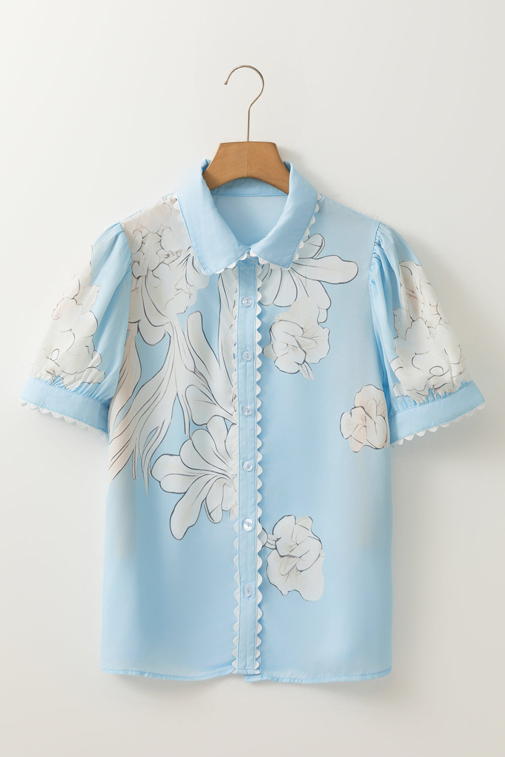 Sky Blue Floral Ric Rac Edge Puff Sleeve Button Up Summer Shirt