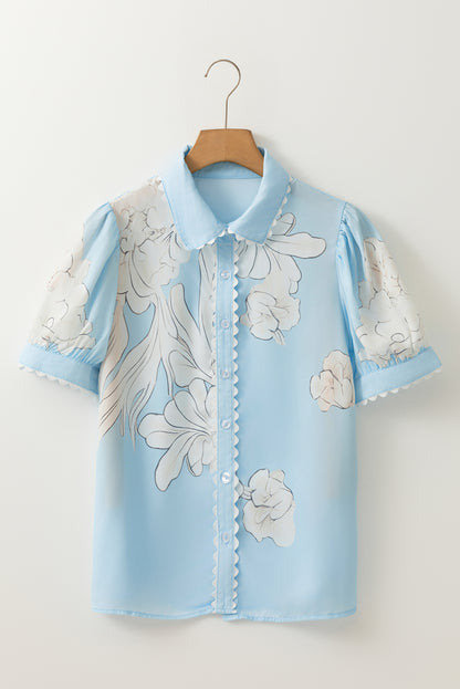 Sky Blue Floral Ric Rac Edge Puff Sleeve Button Up Summer Shirt