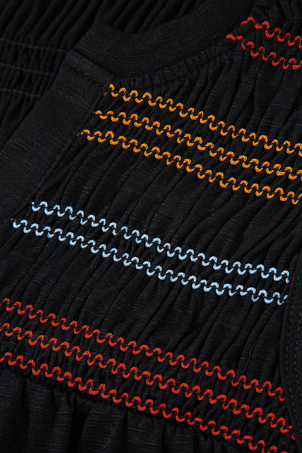 Black Colorful Shirred Yoke Notched V Neck Tank Top