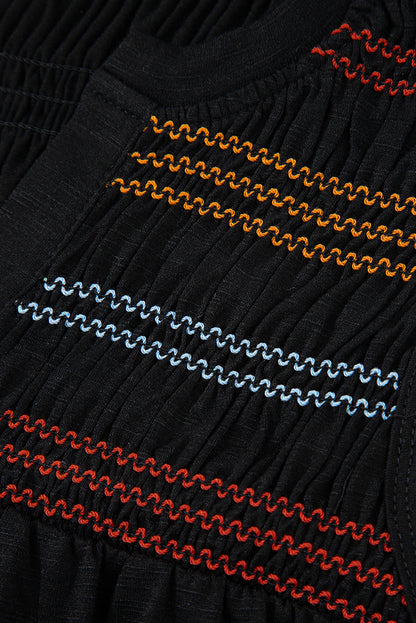 Black Colorful Shirred Yoke Notched V Neck Tank Top