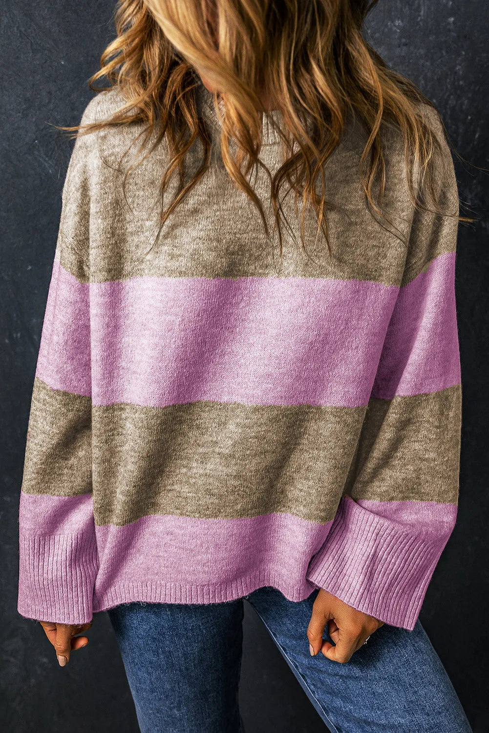 Rose Stripe Crew Neck Wide Sleeve Colorblock Sweater - Chic Meadow Boutique 