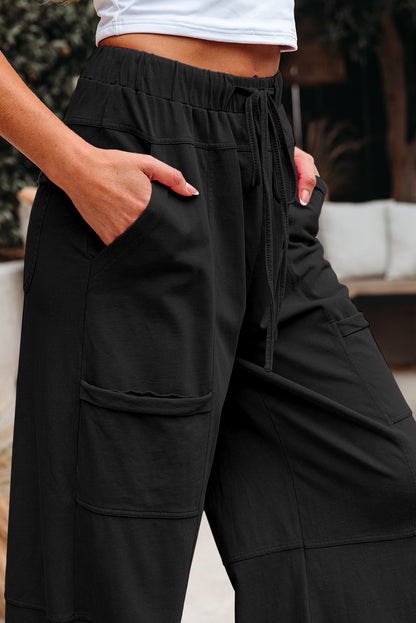 Black Mineral Wash Exposed Seam Drawstring High Waist Wide Leg Cargo Pants