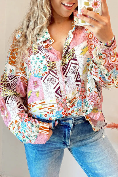 Pink Abstract Colorful Printed Button Down Shirt - Chic Meadow Boutique 