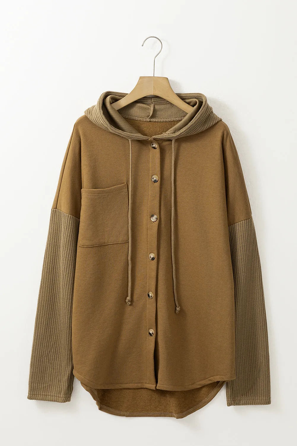 Brown Button Up Contrast Knitted Sleeves Hooded Jacket - Chic Meadow Boutique 